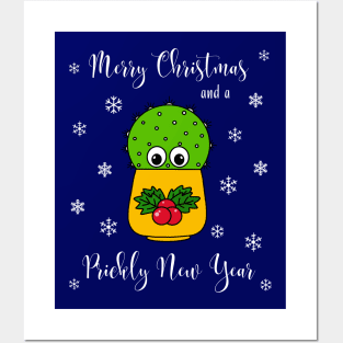 Merry Christmas And A Prickly New Year - Cute Cactus In Christmas Holly Pot Posters and Art